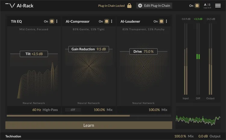 Thumbnail for: Techivation “AI-Rack” – A Plugin Chain Featuring 5 AI Series Tools, Designed for Seamless Creative Flow – Now 62% OFF/Deals